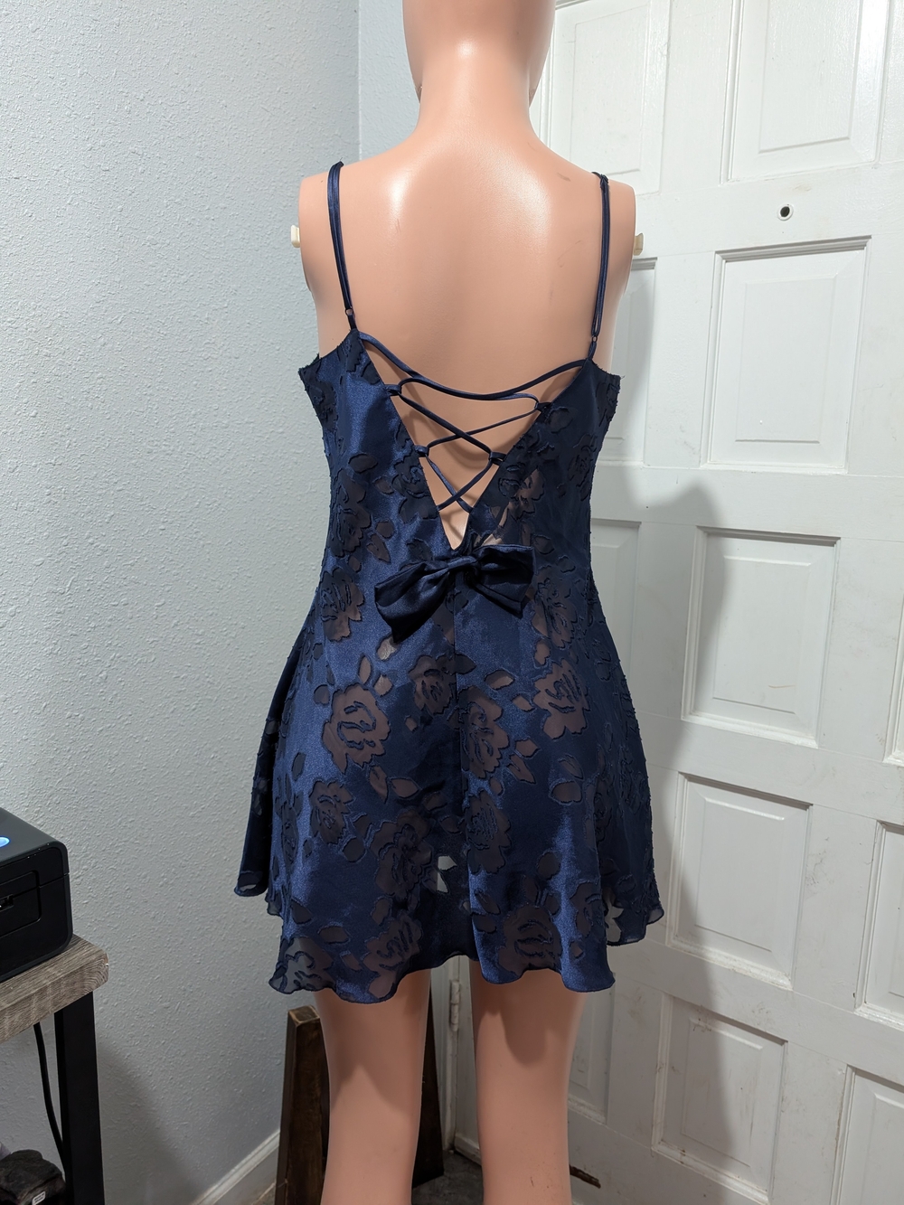 Victoria's Secret Navy Floral Lace-Back Satin Chemise with Bow